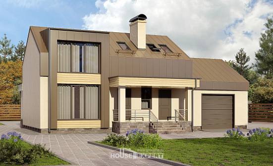 150-015-Л Проект двухэтажного дома мансардный этаж, гараж, компактный коттедж из теплоблока Новороссийск | Проекты домов от House Expert