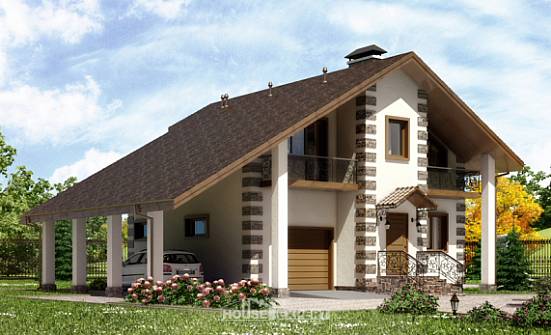 150-003-Л Проект двухэтажного дома с мансардой и гаражом, скромный загородный дом из бревен Новороссийск | Проекты домов от House Expert